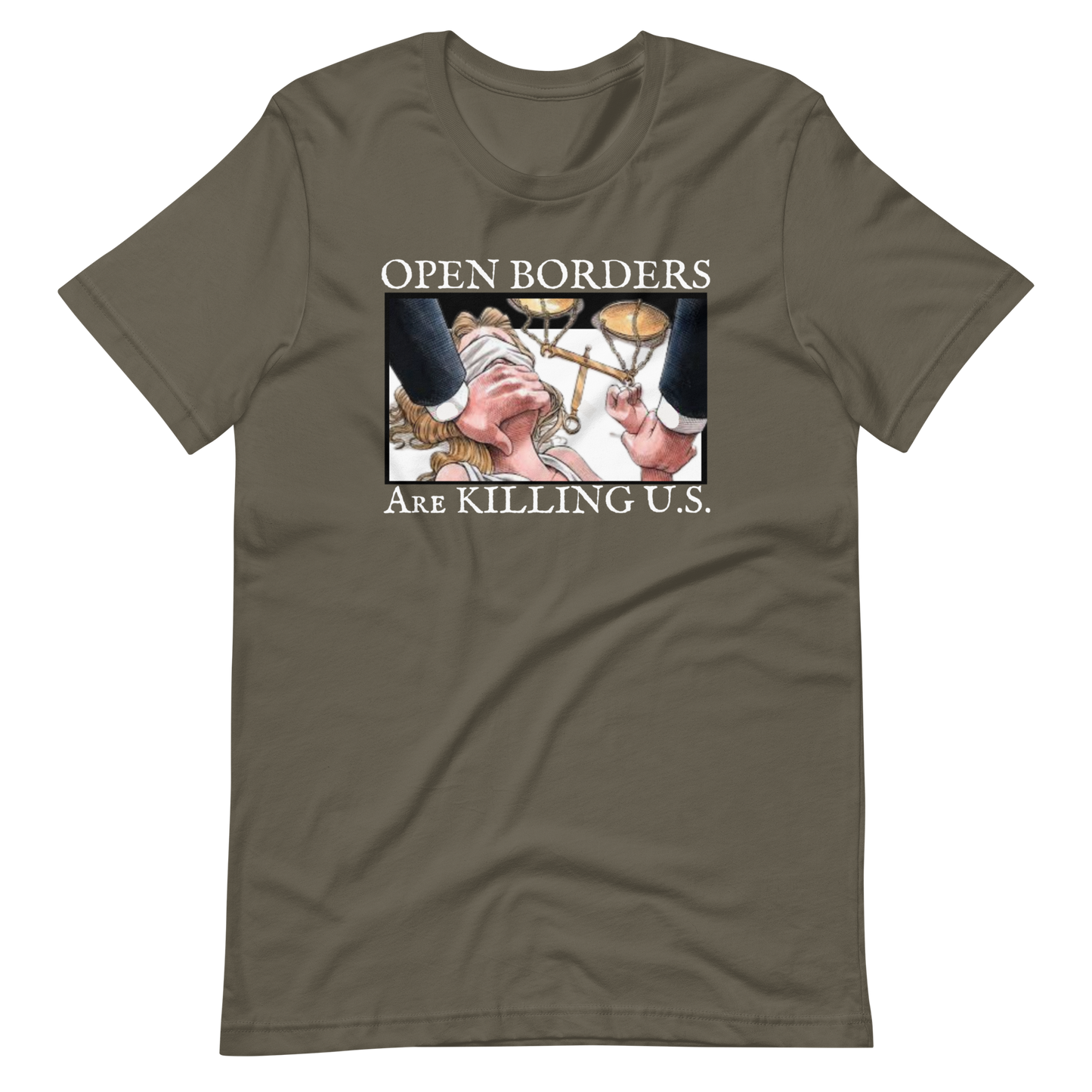 OPEN BORDERS/LADY JUSTICE-WHITE LETTERING