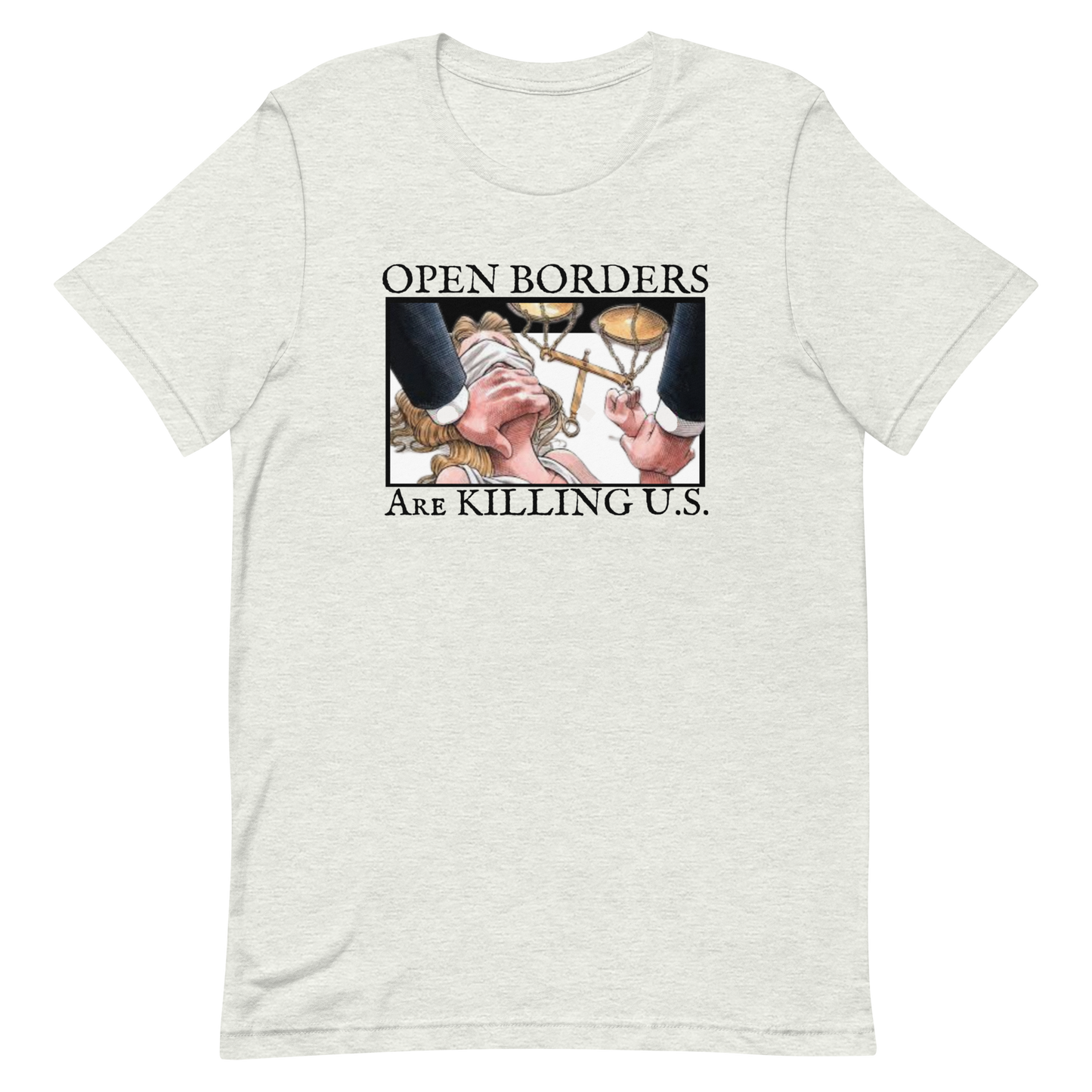 OPEN BORDERS/LADY JUSTICE-BLACK LETTERING