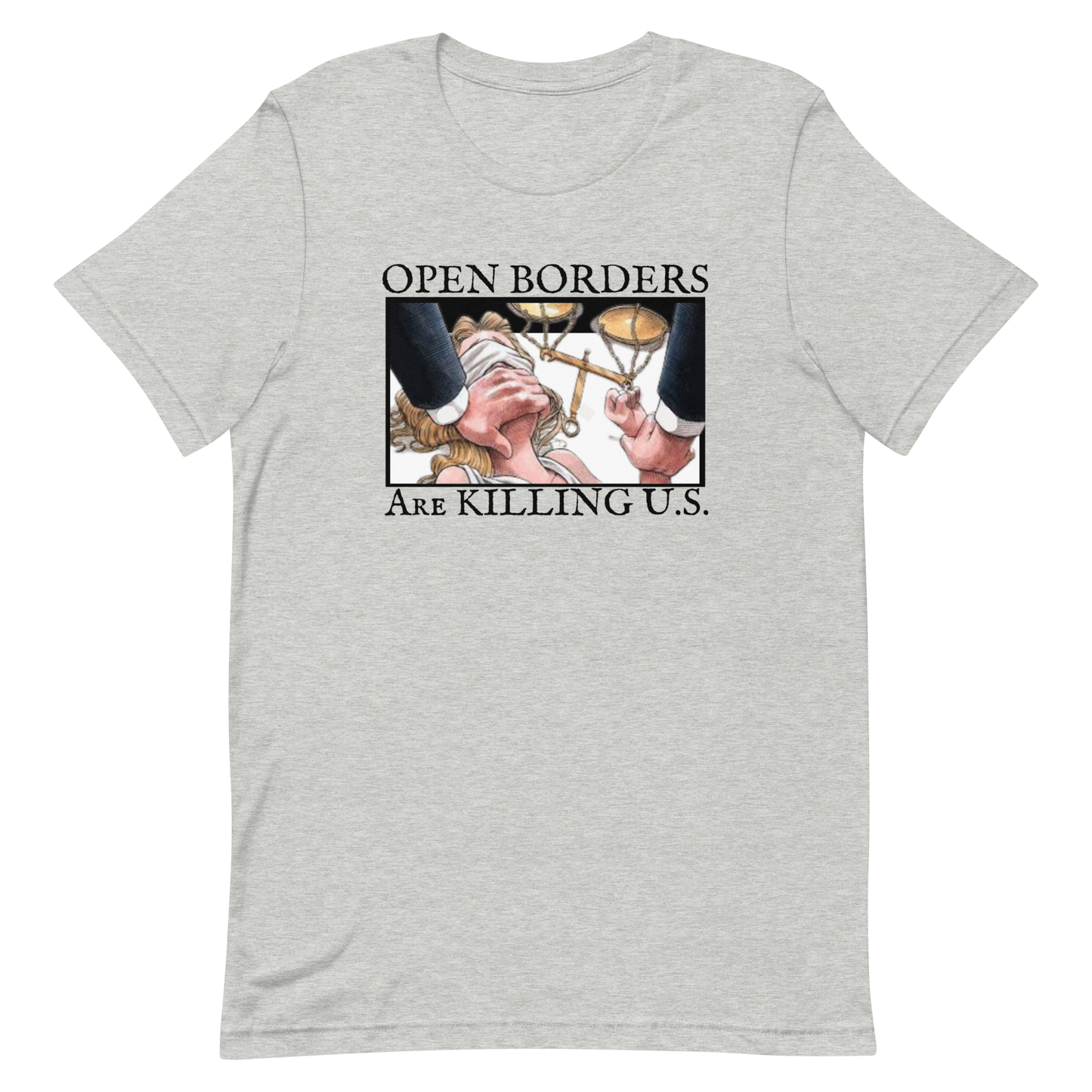 OPEN BORDERS/LADY JUSTICE-BLACK LETTERING