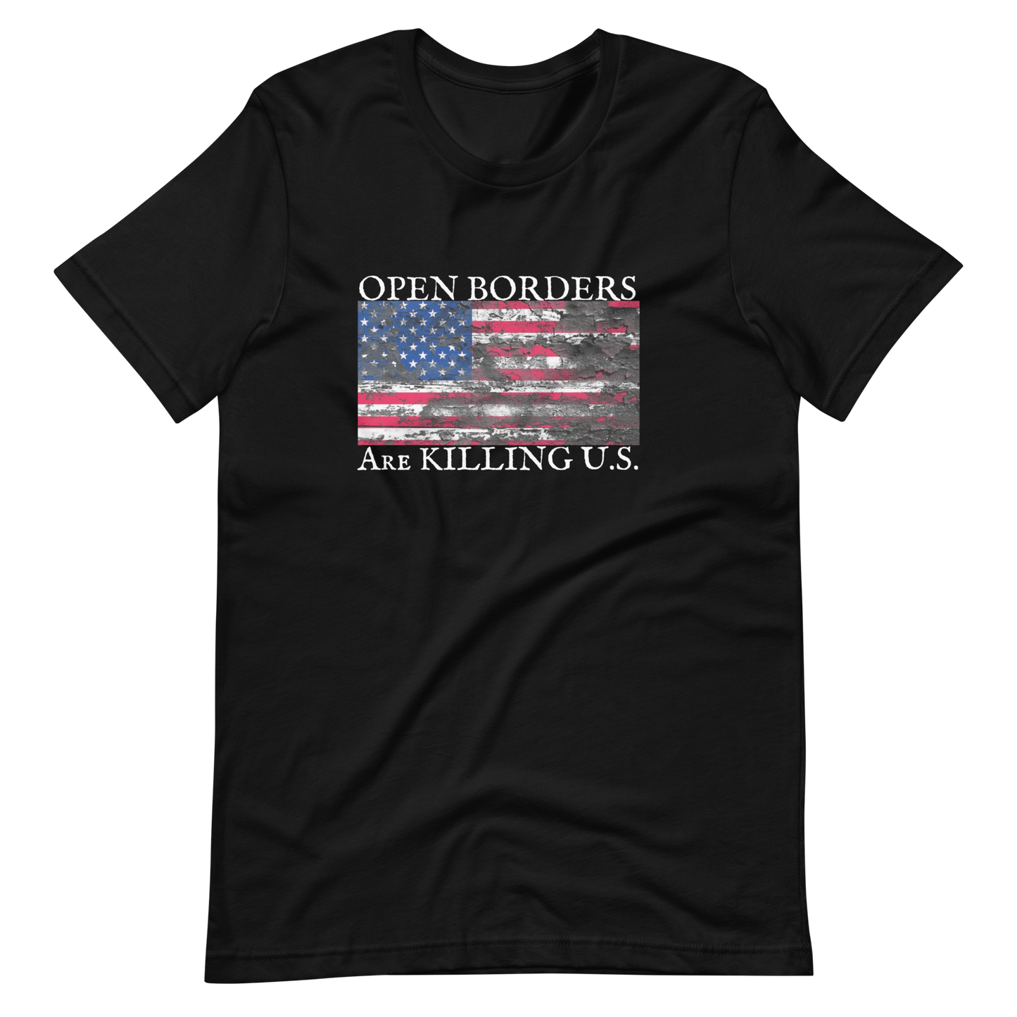 OPEN BORDERS/SOILED AMERICAN FLAG-WHITE LETTERING
