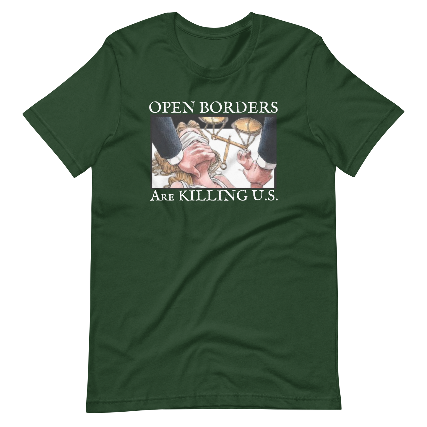 OPEN BORDERS/LADY JUSTICE-WHITE LETTERING