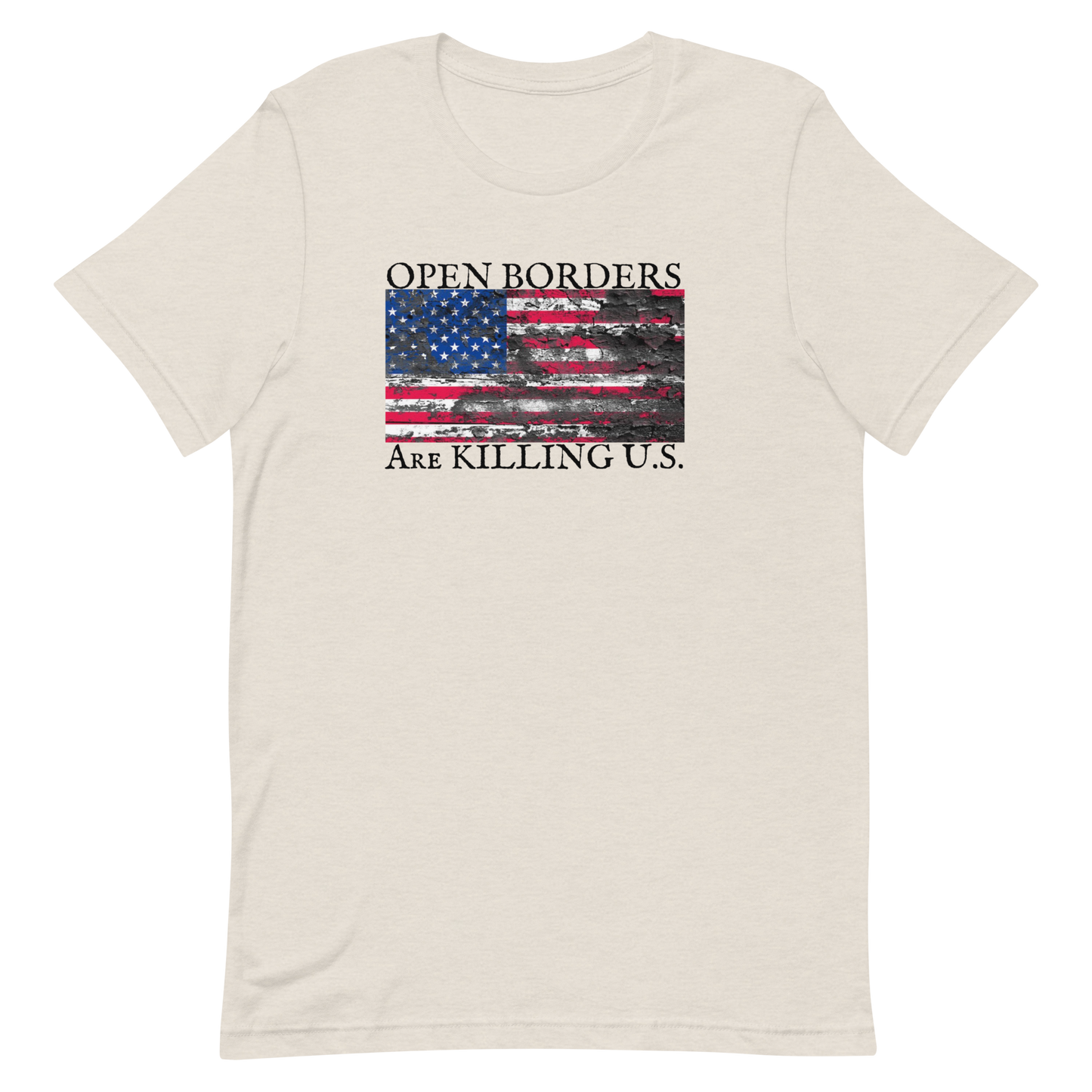 OPEN BORDERS/SOILED AMERICAN FLAG-BLACK LETTERING