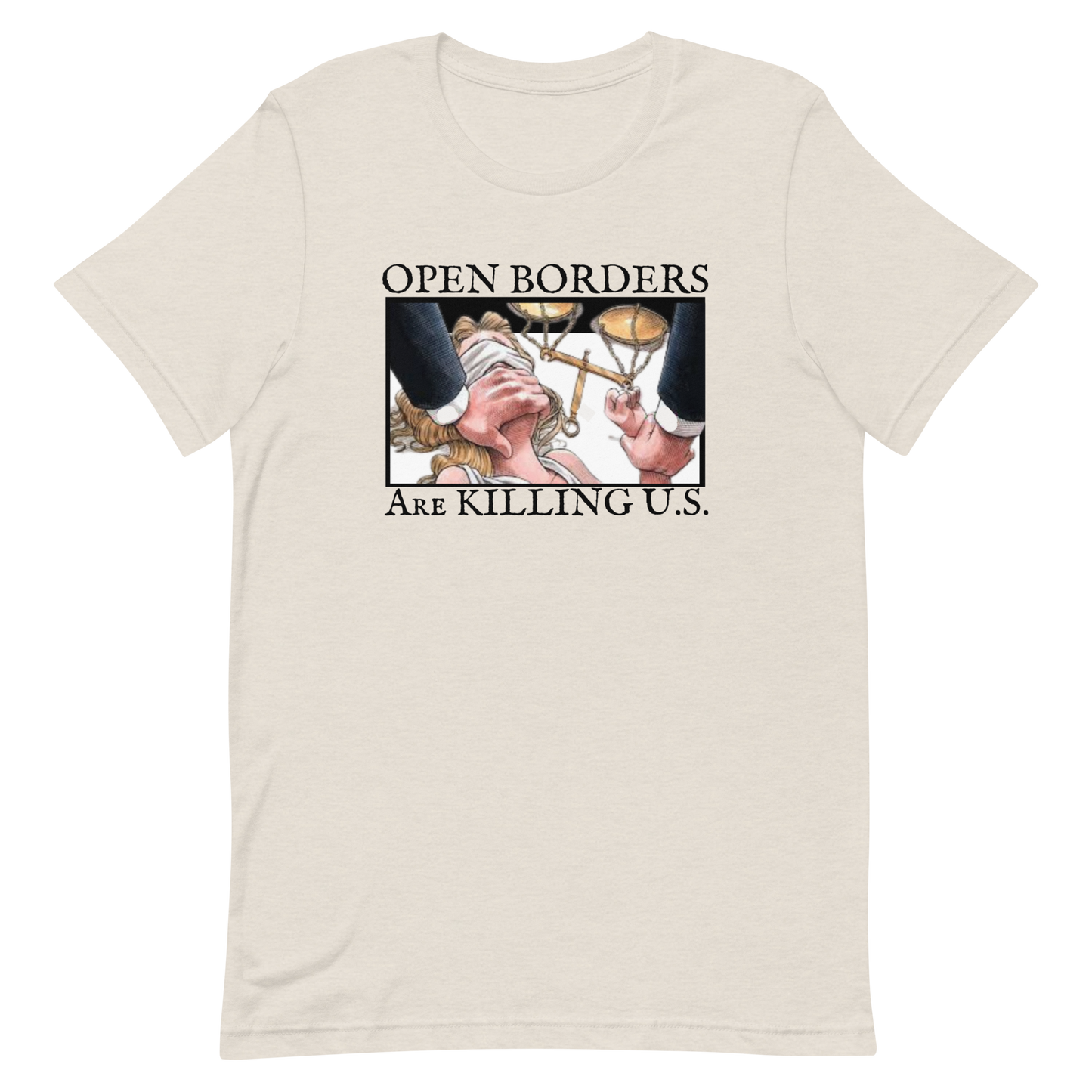 OPEN BORDERS/LADY JUSTICE-BLACK LETTERING