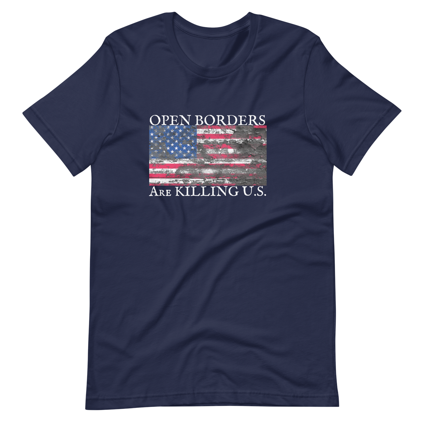 OPEN BORDERS/SOILED AMERICAN FLAG-WHITE LETTERING