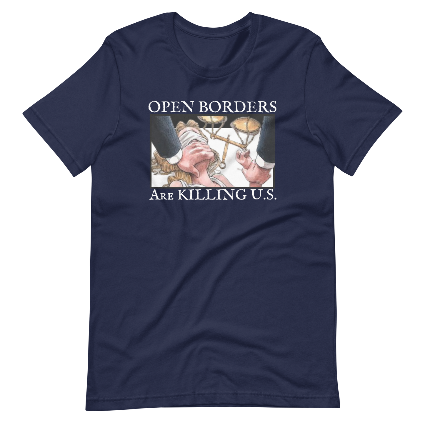 OPEN BORDERS/LADY JUSTICE-WHITE LETTERING