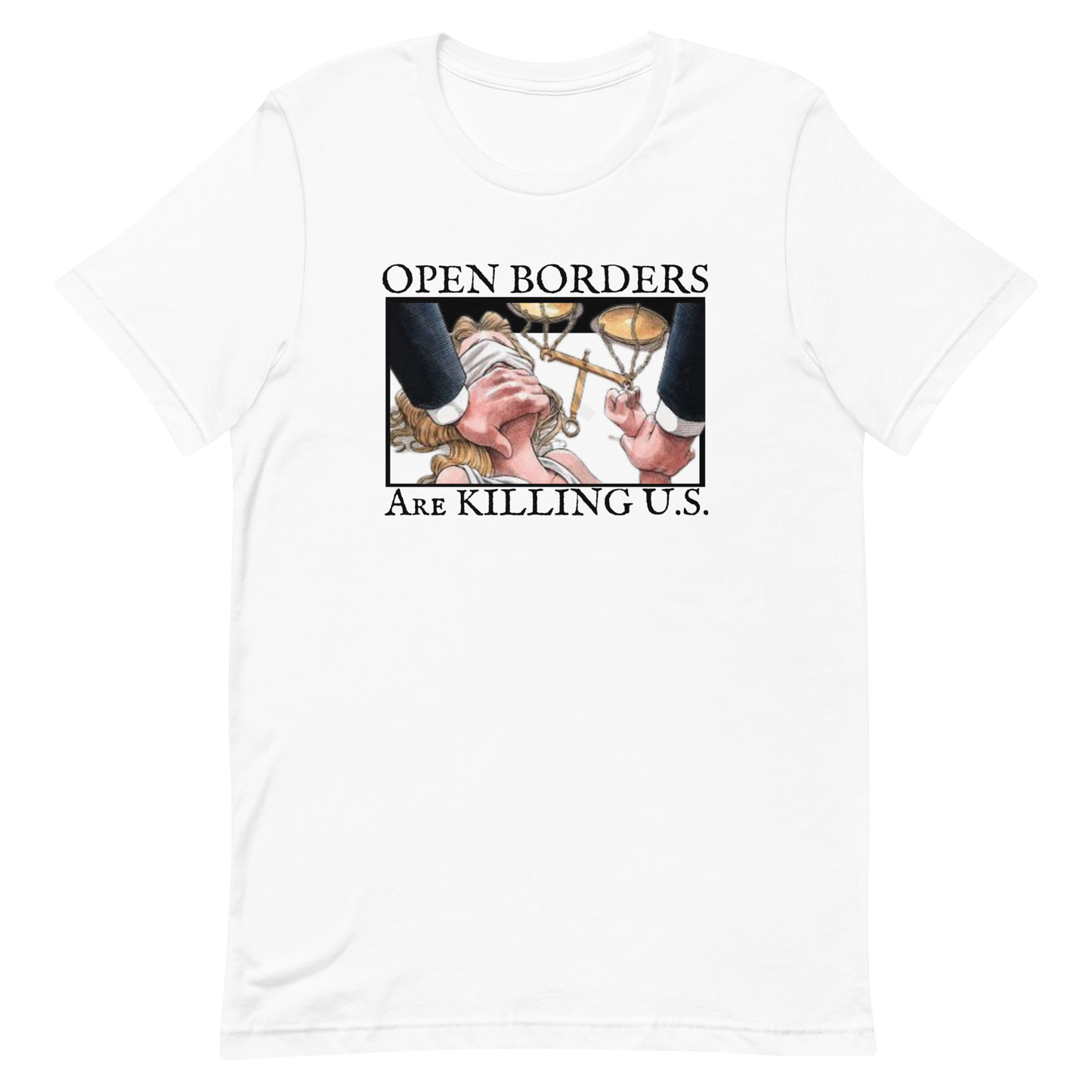 OPEN BORDERS/LADY JUSTICE-BLACK LETTERING